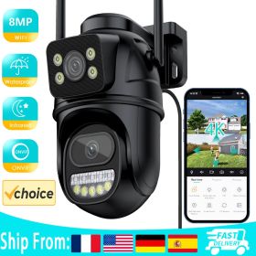 4K 8MP PTZ WIFI Camera Dual Lens Dual Screen IP Camera Outdoor 4MP HD Auto Tracking Security Protection CCTV Surveillance ICSee (Plug Type: US PLUG, Sensor Size: 8MP Add 64G SD Card)